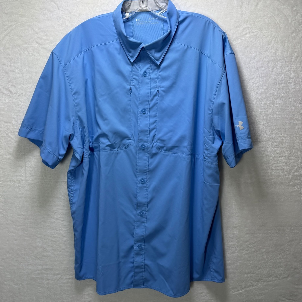 Under Armour HeatGear Mens XL Blue Short Sleeve Button Down Fishing Shirt Loose